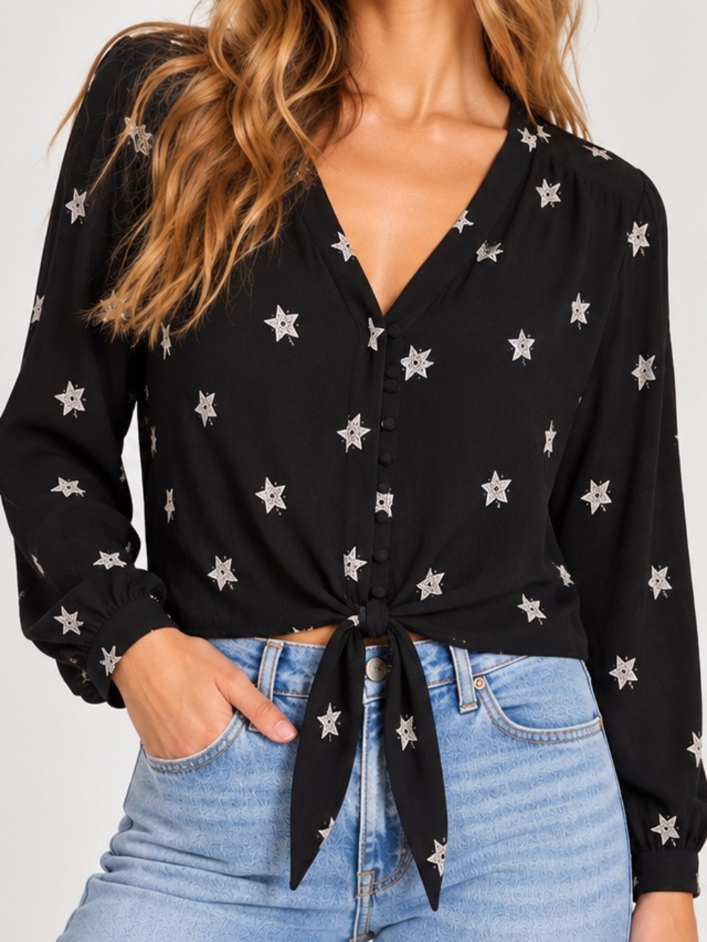 New Rails Sloane Black Five Star Tie Front Blouse XS